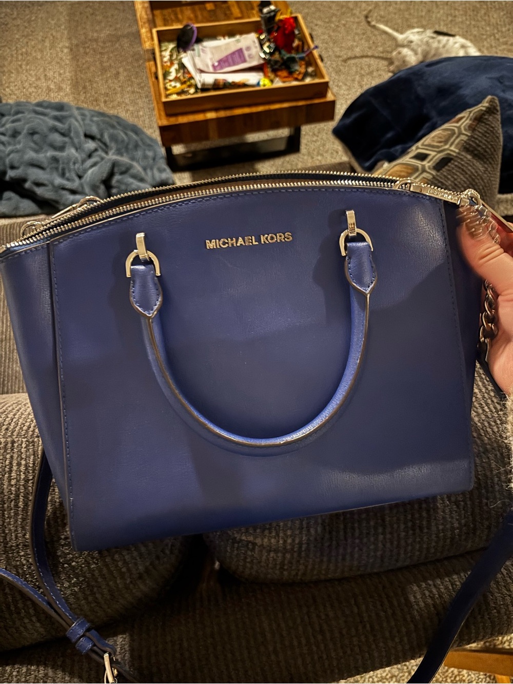 Michael Kors Navy Saffiano Leather Satchel with Gold Hardware